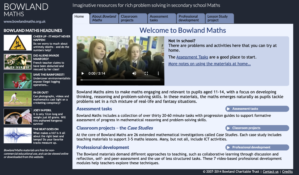 Screenshot of the Bowland Maths home page – click to visit the site